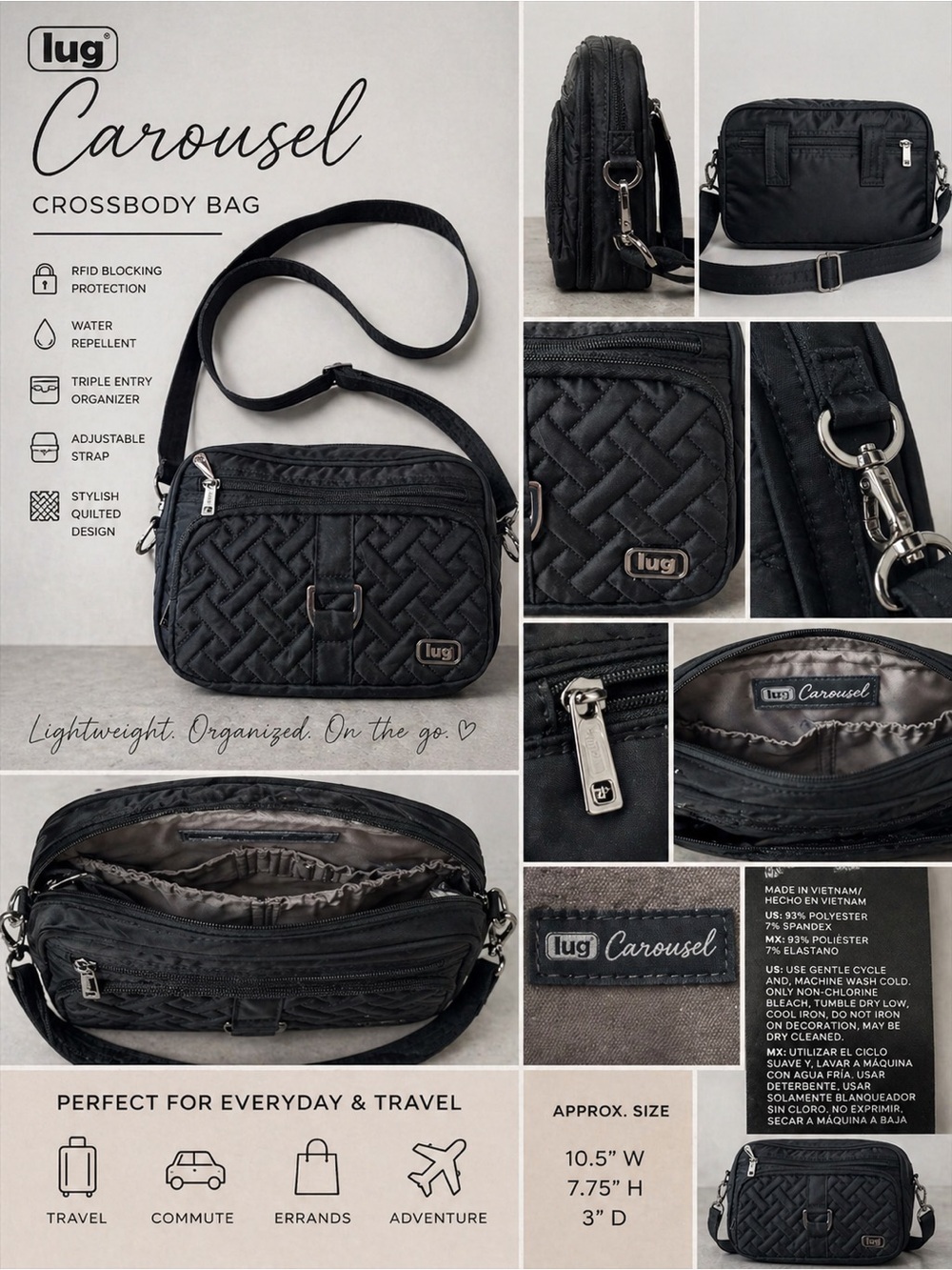 Lug Carousel RFID Black Quilted Crossbody Bag Entry Travel Purse Organizer